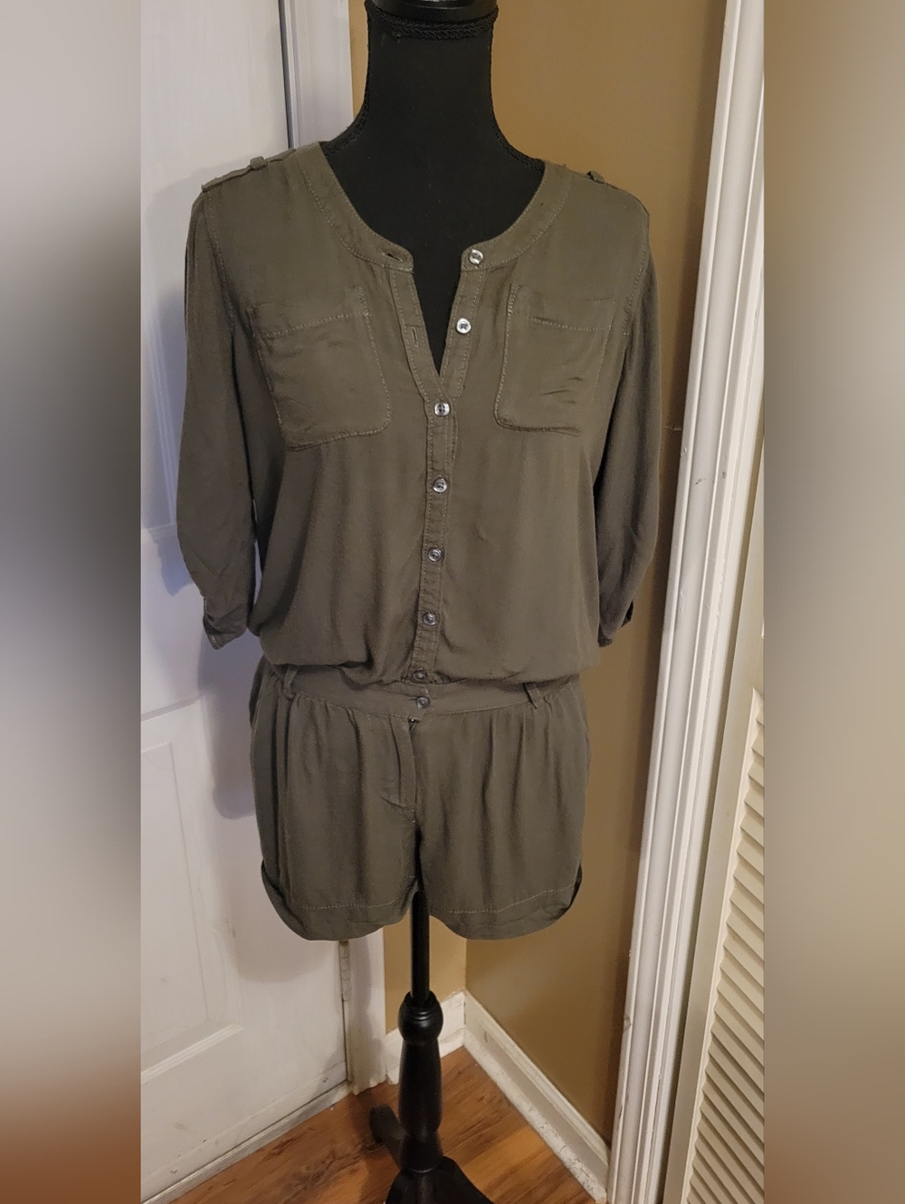Express Olive Green Short Sleeve Button Romper, Size X-Small.